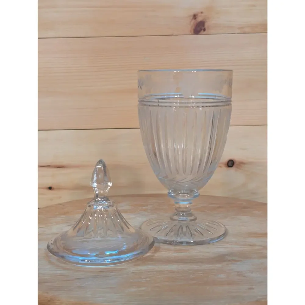 Vintage Etched Glass Covered Candy Dish Pedestal Apothecary Jar with Lid 10